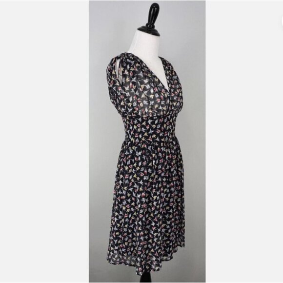 ZARA BASIC Sleeveless Ink Blue/Black Bird Print Chiffon Knee Length Dress XS - Picture 3 of 16